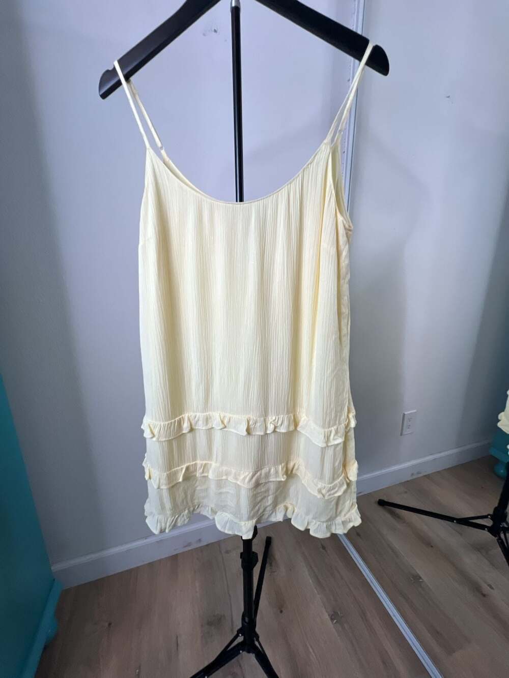 Jun & Ivy Light Yellow Spaghetti Strap Tiered Ruffle Mini Sundress